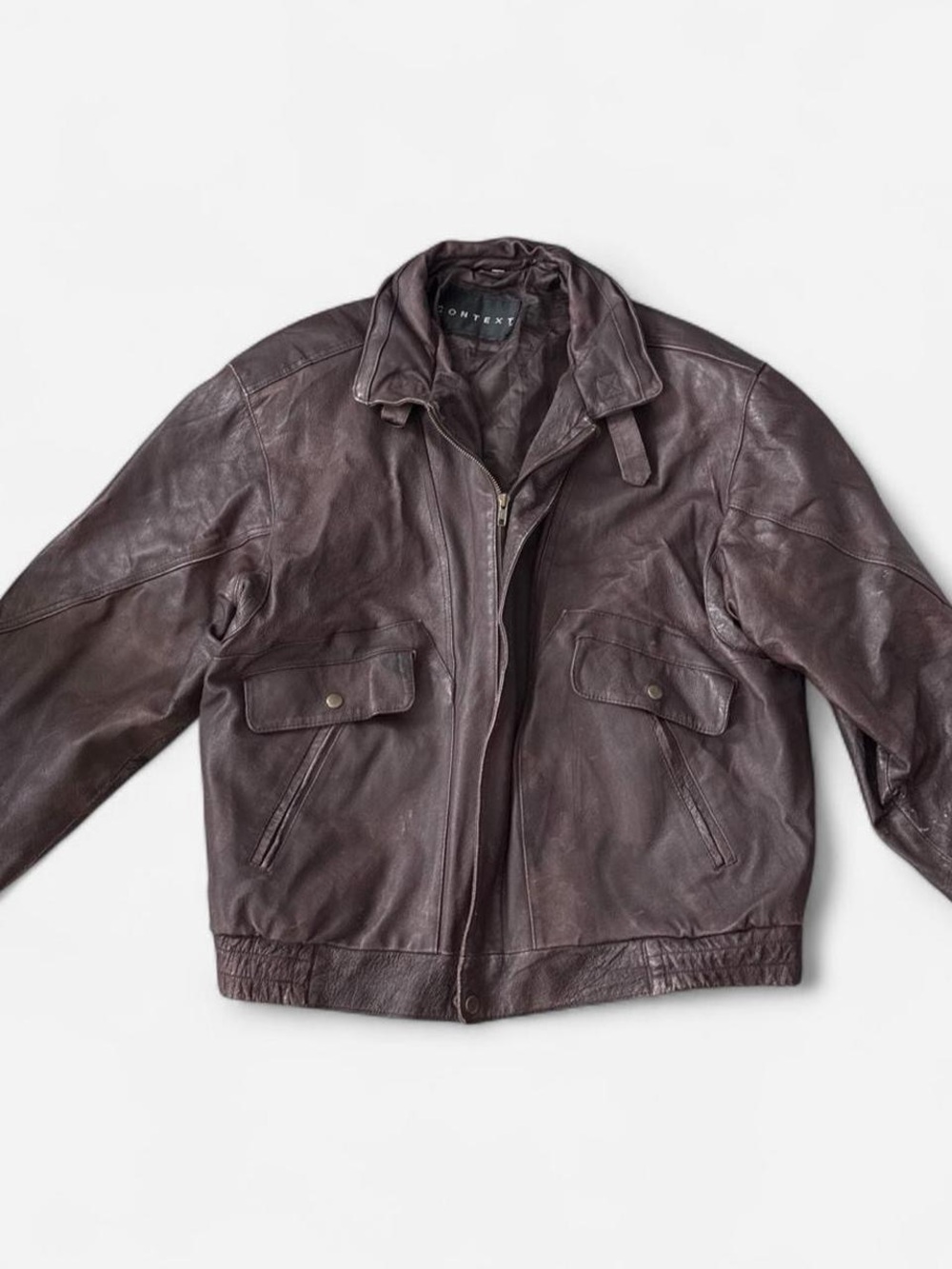 Context Distressed Brown Leather Bomber Jacket